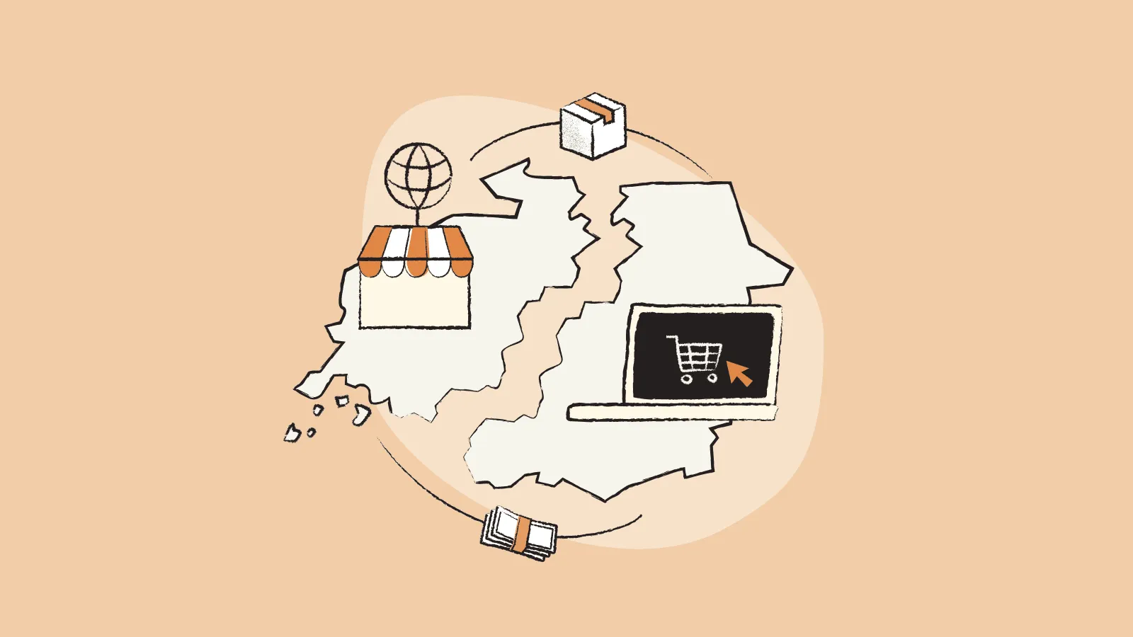 Image of a border between countries and icons related to e-commerce