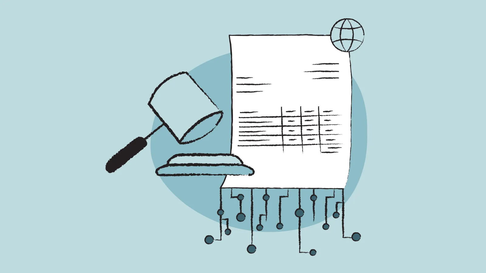 Illustration of a gavel with a digital invoice