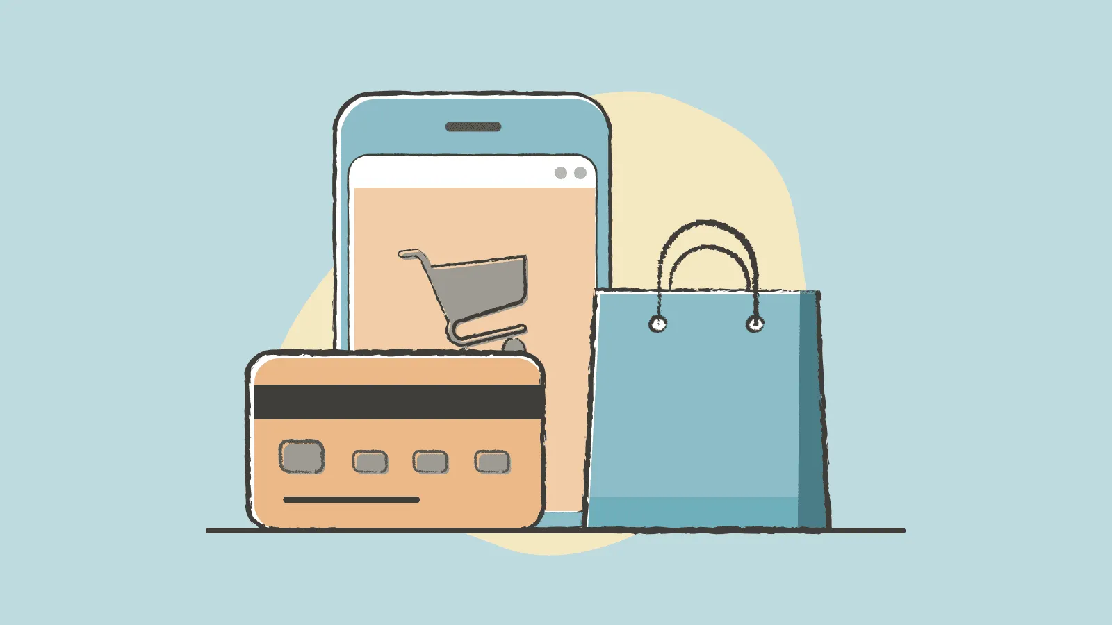 Ilustración de diferentes objetos relacionados con el comercio electrónico