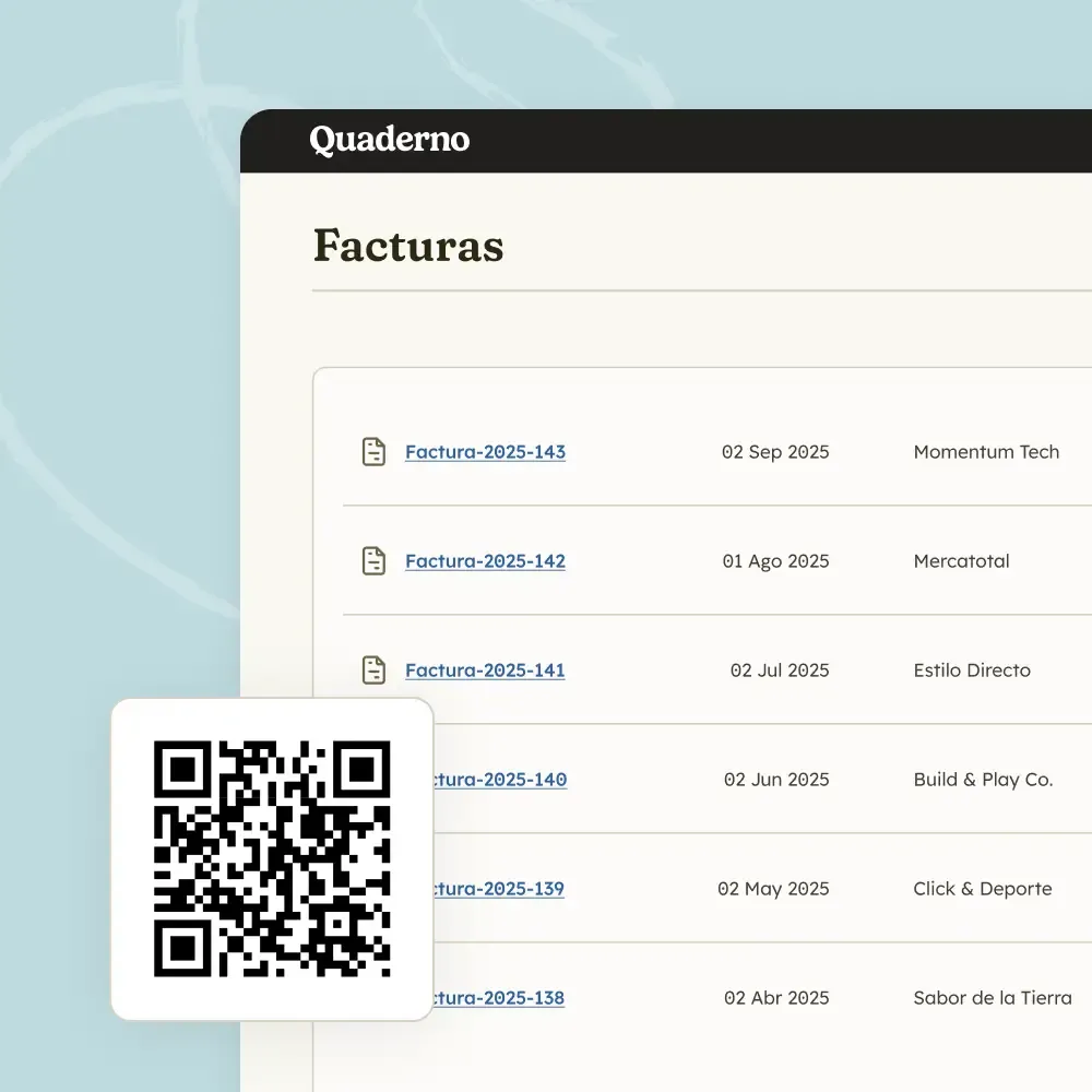 Quaderno list of issued invoices with a QR code, ready to be sent as structured e-invoices