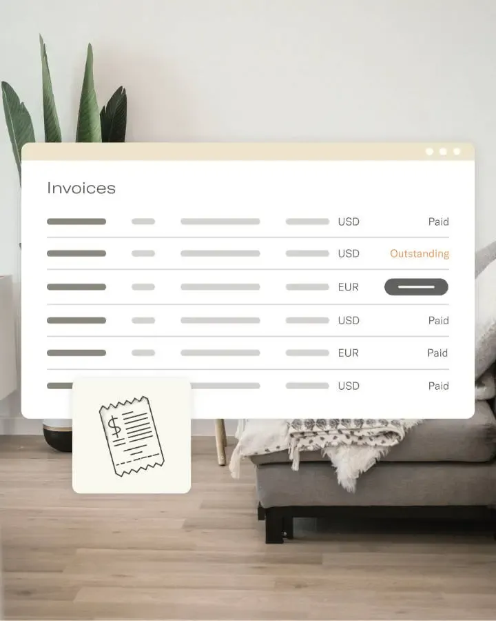 Quaderno invoice list with paid and outstanding invoices in US dollars and euros