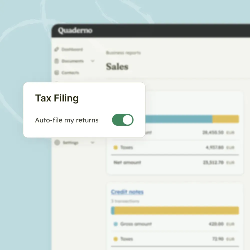 Quaderno tax filing setting with the Auto-file my returns toggle switched on