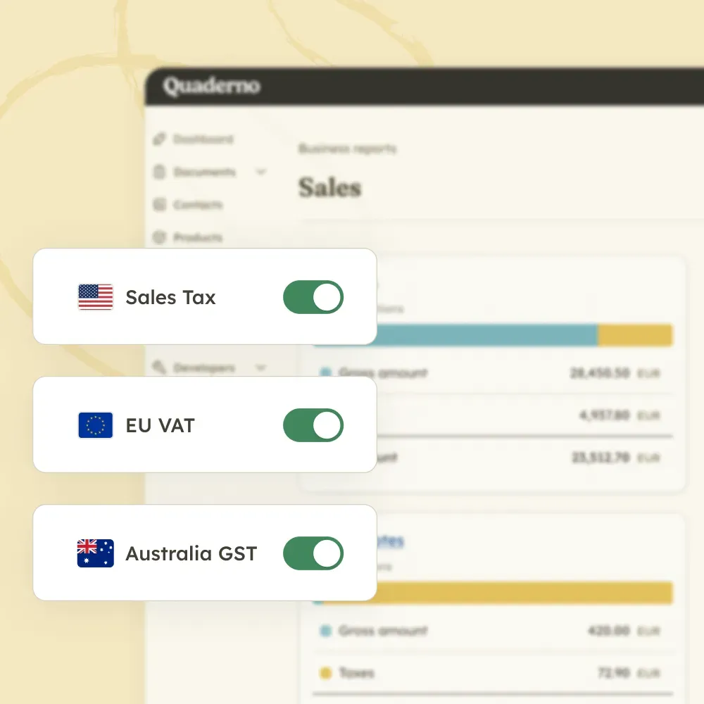 Quaderno settings with toggles switched on for US sales tax, EU VAT, and Australian GST