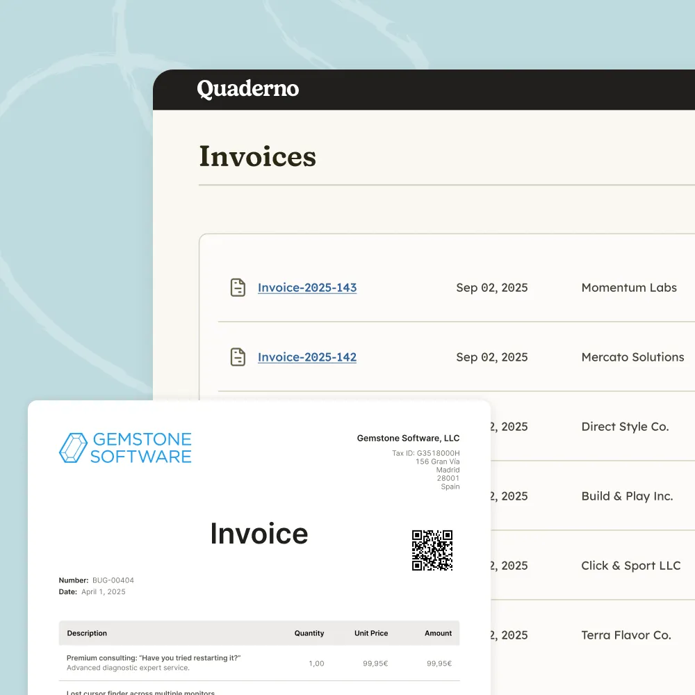 Quaderno invoice list with a tax-compliant invoice preview showing the tax ID and QR code