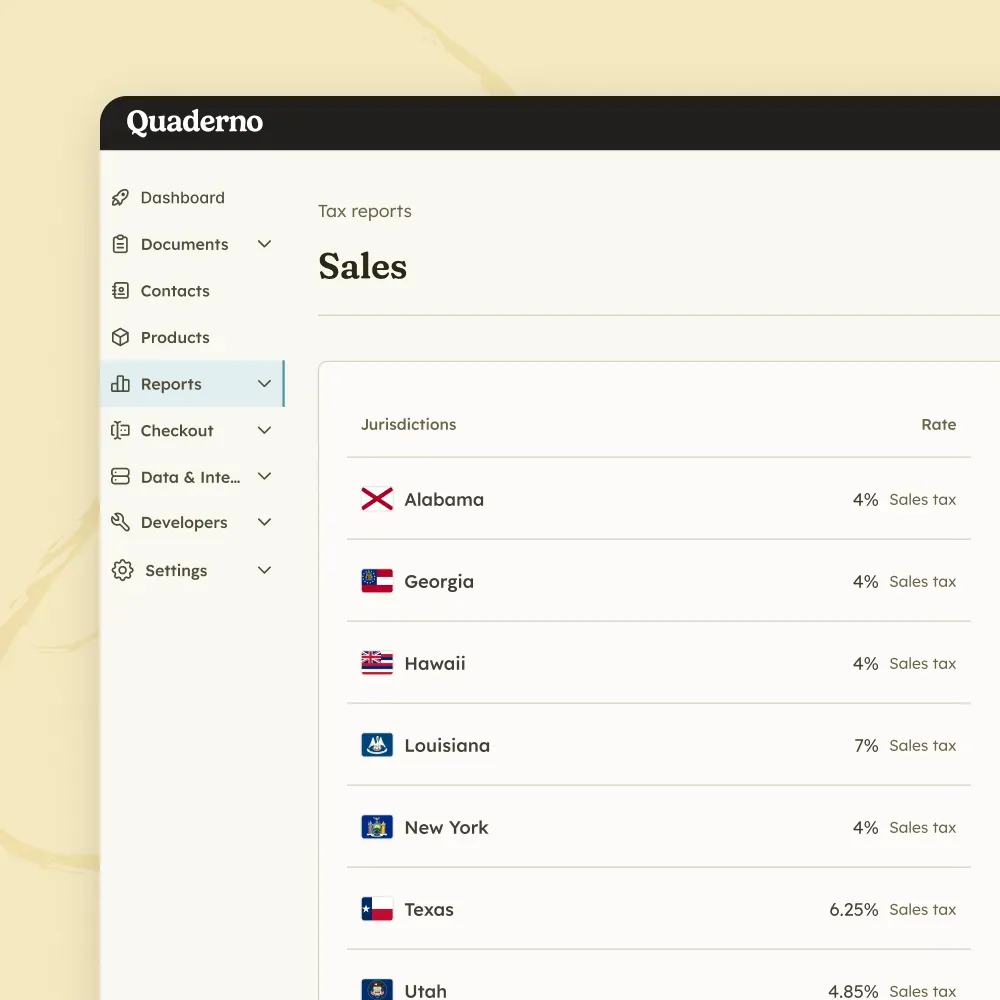 Quaderno sales tax rate table for US states including Alabama, Georgia, Hawaii, and Texas
