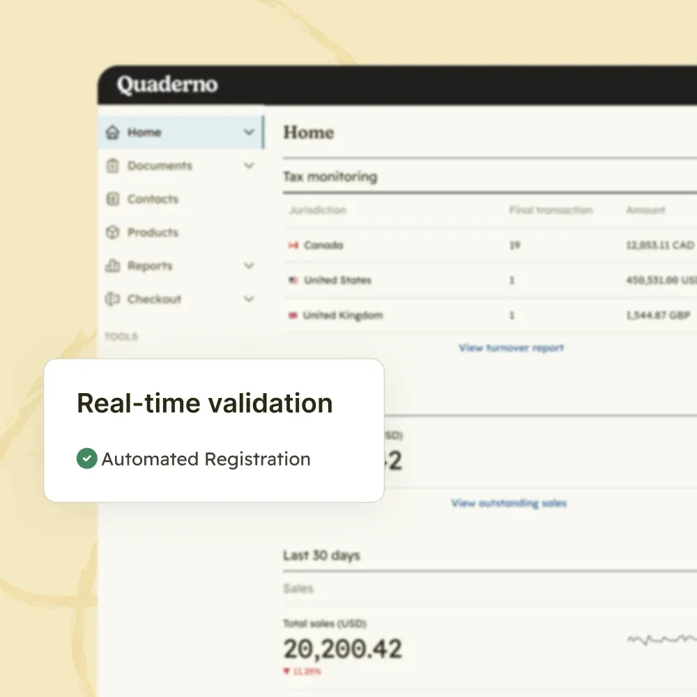 Quaderno dashboard with a real-time validation confirmation