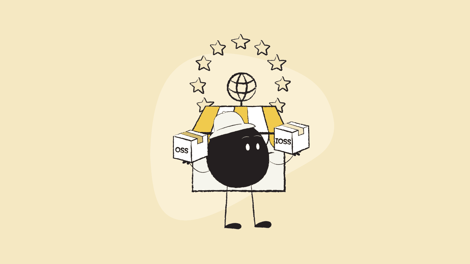 Illustration of Qoodle holding two boxes in front of a European store
