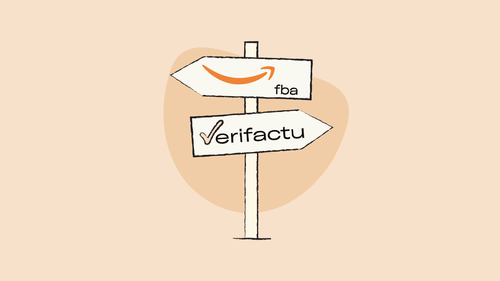 Señal de tráfico que indica el camino hacia Amazon FBA y Verifactu