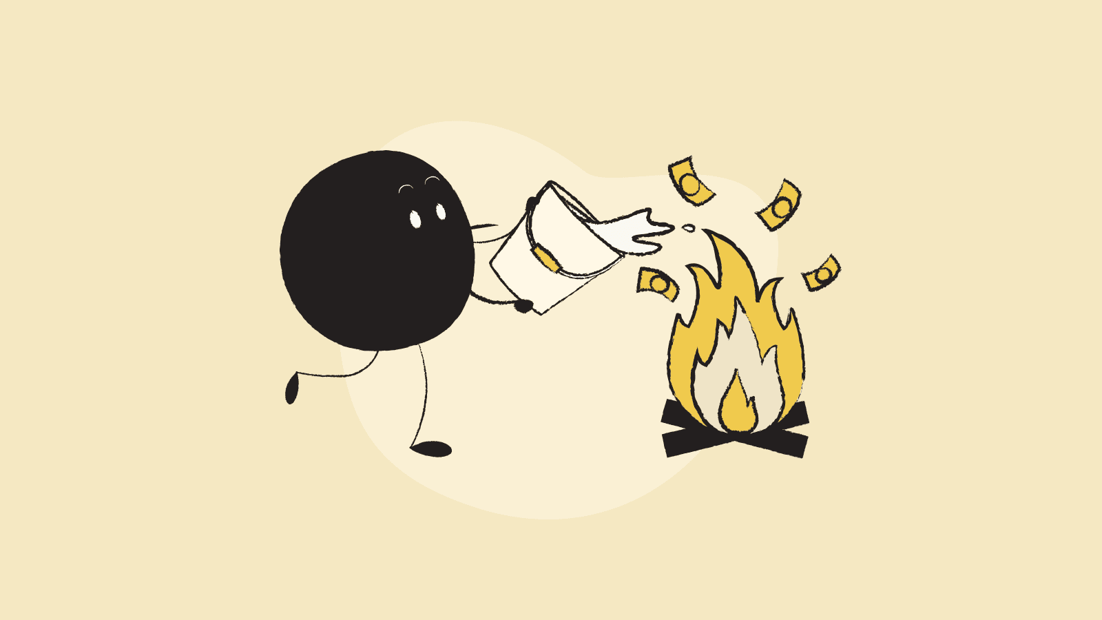Illustration of Qoodle putting out a bonfire with a bucket of water and money